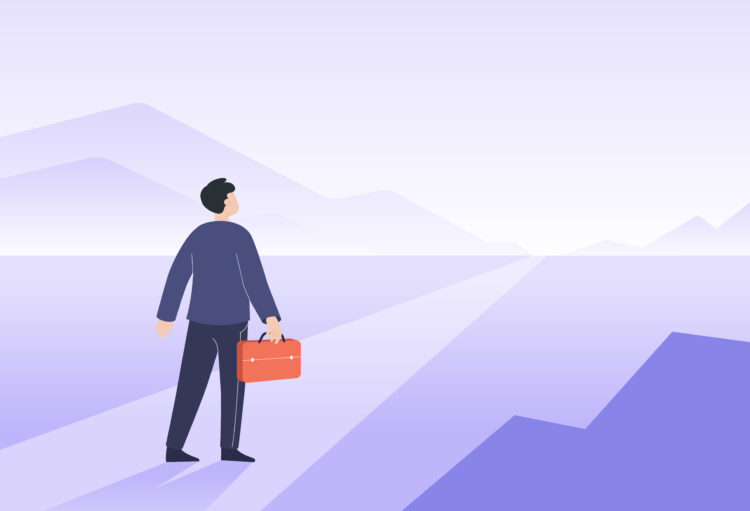 Back view of landscape with businessman and long way ahead. Business person and new career opportunities, straight road, bright future flat vector illustration. Motivation, challenge, goal concept